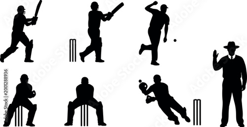 Cricket players silhouettes a collection of dynamic action poses and umpire