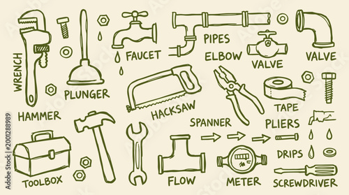 Collection of plumbing tools and supplies for home repair and maintenance, illustrated in a simple hand-drawn doodle style on a plain background.