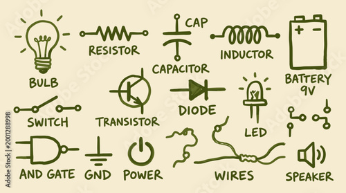 Hand drawn electronic circuit components and symbols for schematic diagrams educational illustration