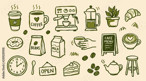 Hand drawn coffee shop icons and elements for cafe menu design and branding a collection of doodles representing coffee drinks pastries and accessories
