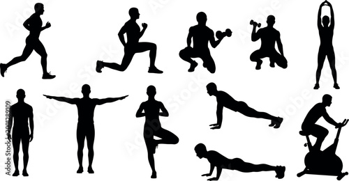 Diverse silhouettes of people engaging in various fitness and athletic activities
