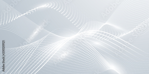 Abstract white flowing wave lines on soft grey gradient background, smooth futuristic technology wallpaper for modern web, corporate or medical design