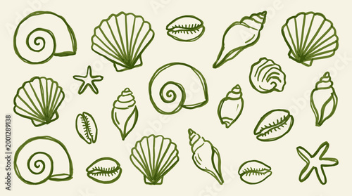 Collection of hand drawn seashells and starfish in green outline on a light beige background, perfect for summer beach themes and ocean decor.