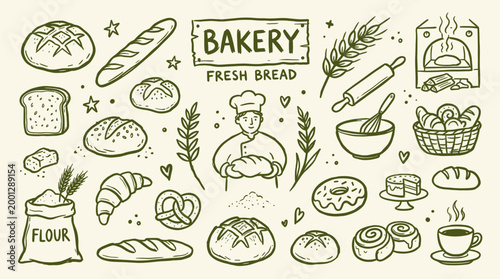 Whimsical hand drawn collection of bakery goods and baking elements, showcasing fresh bread, pastries, and baking tools in a charming sketch style