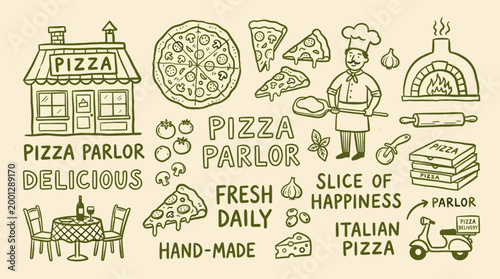 Hand drawn collection of pizza parlor elements including a chef, oven, pizza slices, and dining table, perfect for food business branding and menus