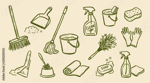 Hand drawn doodle illustration of cleaning supplies and tools for home hygiene and tidiness, representing household chores and domestic upkeep