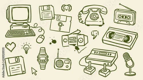 Retro technology and gadgets collection vintage computer floppy disks cassette tape VCR and rotary phone illustration