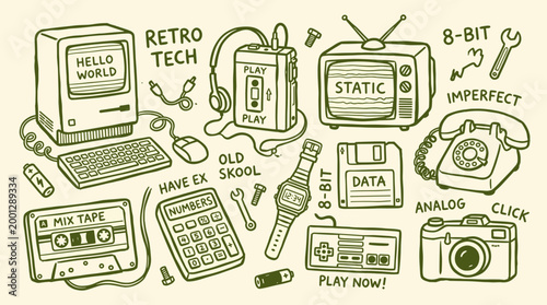 Retro technology collection with vintage computer, cassette tape, floppy disk, game controller, and old phone, celebrating nostalgia and old school computing