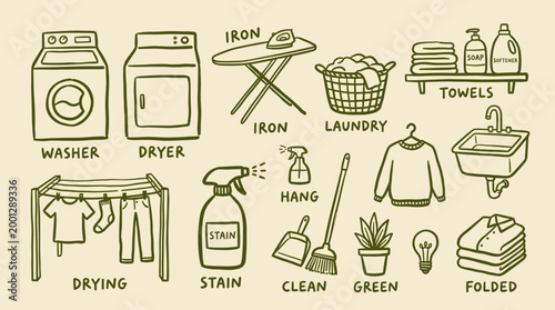 Hand drawn illustration of laundry room essentials and cleaning supplies for household chores and garment care