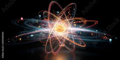 Stunning Visualization of Atomic Structure with Energetic Particles and Bright Colorful Orbits against a Black Background for Scientific Illustration