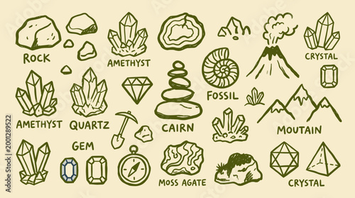 Collection of hand drawn geological elements including crystals rocks fossils mountains and a volcano representing earth science and nature exploration