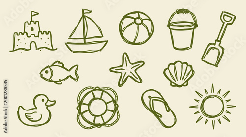 Charming hand drawn summer beach vacation icons and symbols for kids including sandcastle sailboat beach ball bucket shovel fish starfish shell duck lifebuoy flip flop and sun