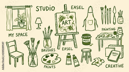 Art studio scene with painting supplies easel brushes palette paints and creative workspace elements for artists and hobbyists
