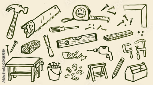 Collection of vintage woodworking tools and supplies for carpentry and DIY projects including a hammer saw drill level and workbench on a light background