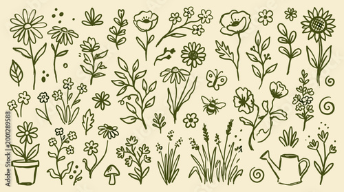 Hand drawn botanical illustration collection of wildflowers plants insects and garden elements in a charming doodle art style on a beige background
