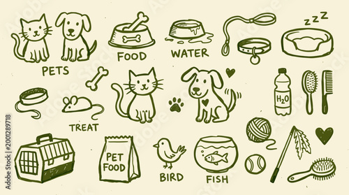 Collection of cute hand drawn pet care items and animals including cats dogs birds fish and accessories like food bowls toys and carriers