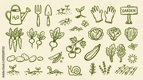 Hand drawn garden elements and vegetables collection on a light background for organic farming and healthy eating concepts