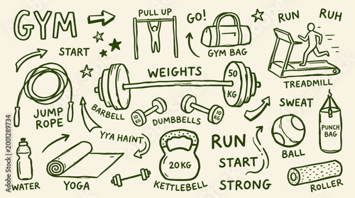 Hand drawn gym equipment and fitness icons for workout and healthy lifestyle concept with motivational words like strong and run
