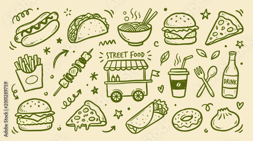 Hand drawn doodle illustration of various street food items like burgers, pizza, tacos, hot dogs, fries, and drinks on a light yellow background.