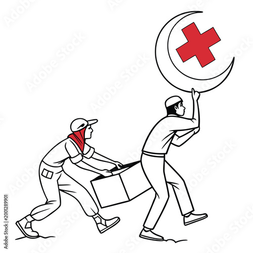 Humanitarian Aid and Medical Relief Vector Illustration with Red Cross Symbol Line Art