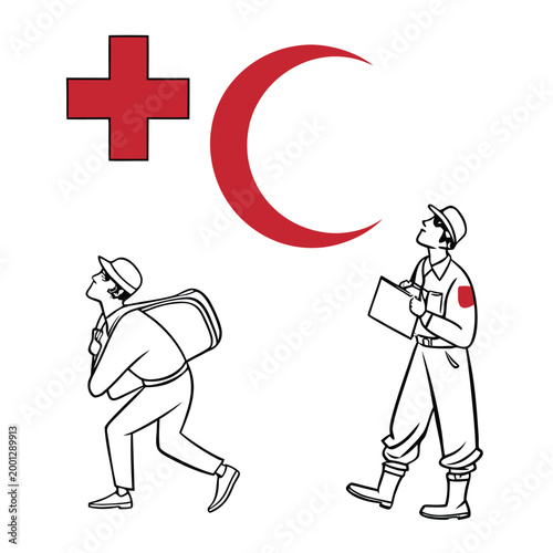 Minimal Red Cross and Red Crescent Vector Illustration, Clean Line Art Healthcare Humanitarian Aid Icon Design