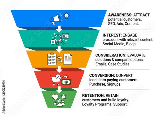 A modern digital marketing funnel infographic shows a process to attract and retain customers through awareness, interest, consideration, conversion, and retention.