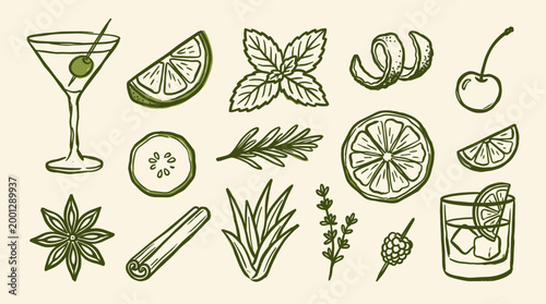 Hand drawn cocktail ingredients and garnishes for drinks and beverages collection isolated on light background