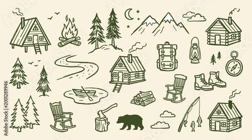 Cozy Cabin Life Hand Drawn Illustration Set Forest Adventure Elements Camping Icons Nature Retreat Theme