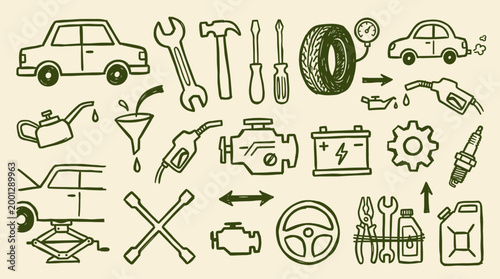 Collection of hand-drawn car repair tools and auto parts illustrating vehicle maintenance and mechanical services