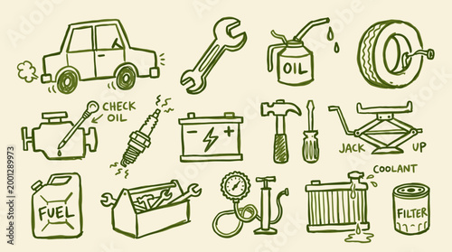 Doodle style illustration of car repair and maintenance tools and parts on a beige background