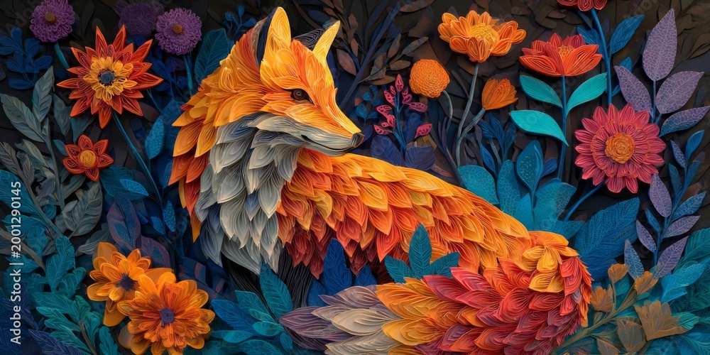 Naklejka premium Vibrant and Colorful Paper Art of a Fox Surrounded by Lush Floral Designs in a Whimsical Nature Scene