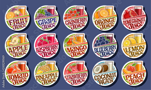 Vector label set for Fruit Juice, cut paper signs with illustration of various squeezed juice in glass and pile of cartoon sliced fruits, collection of white tags with different sweet juices with text