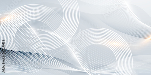 Abstract white curved wave lines background with glowing light on soft grey, modern dynamic technology banner design