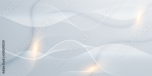 Abstract white wave lines with glowing light on soft grey background, futuristic flowing technology background banner design