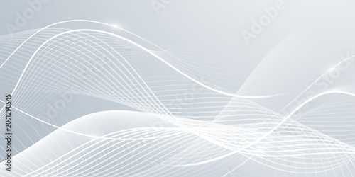 Bright abstract white wave lines on light grey gradient background, smooth flowing technology wallpaper for web, presentation or corporate design
