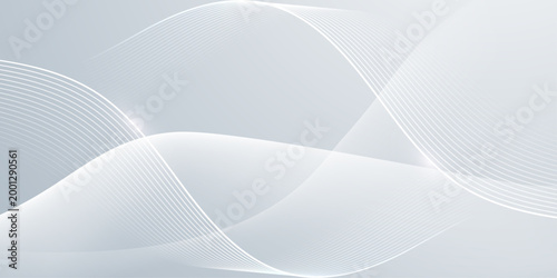 Minimal abstract white wavy ribbons on soft grey gradient background, clean modern technology wallpaper for corporate, web and presentation design