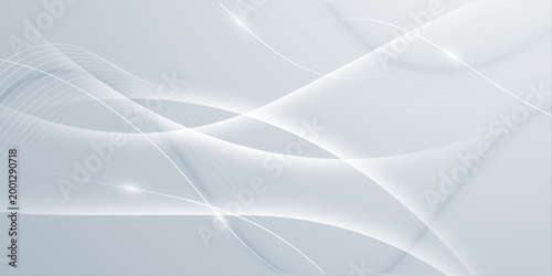 Abstract white flowing waves with glowing light on soft grey background, smooth modern technology wallpaper for web, corporate and medical design