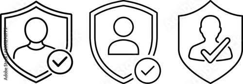 Security shield user verification icons set. Human user avatar protected by a shield with checkmark symbol. Account verification, data privacy, user authentication and cyber security web and mobile.