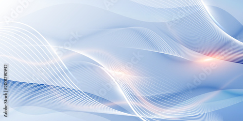 Abstract blue and white flowing wave lines with warm light flares, smooth modern technology background banner for web, corporate and medical use