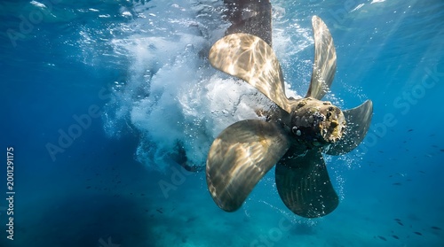 Large metallic boat propeller rotating underwater with bubbles and underwater light reflections in clear blue ocean