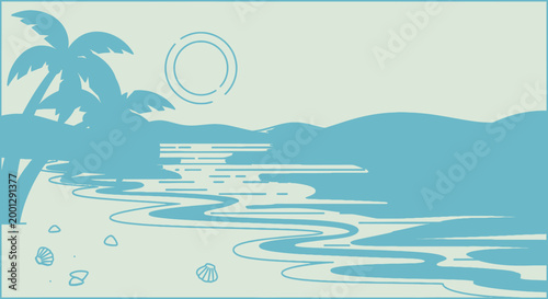Coastal scene illustration featuring palm trees ocean and sun silhouette