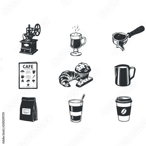 Vintage coffee shop icon set, black and white cafe vector illustrations, 9 hand drawn coffee elements for menu design and branding