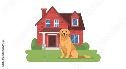 A golden retriever dog sits calmly on the green grass of a front yard in front of a classic red brick house with a brown roof and a white chimney on a clear day.