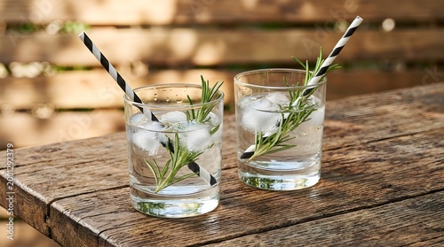 Refreshing summer drinks with rosemary and ice on wooden table