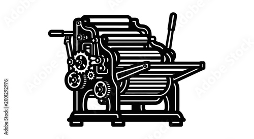Vintage printing press illustration in black and white against a white background