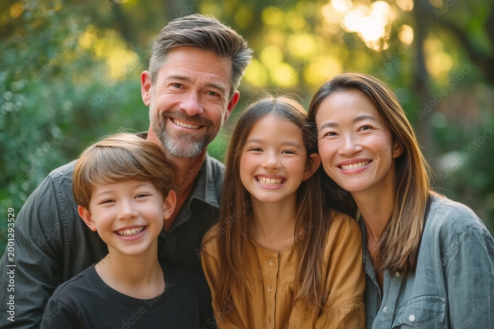 Obraz premium Smiling Family Celebrating Togetherness in a Lush Garden Setting on Family Day
