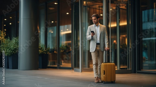 Stylish businessman standing outside modern hotel entrance with smartphone and yellow luggage, ready for business trip or vacation, city lifestyle concept