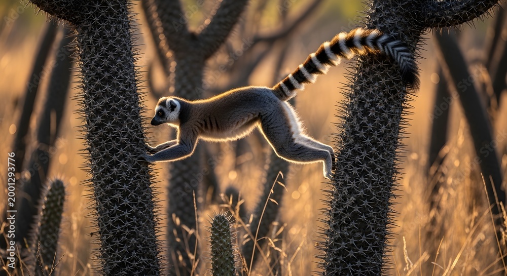 Fototapeta premium Ring-tailed lemur jumping between cactus plants in desert