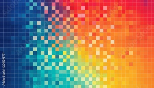 A vibrant pixelated background with a colorful gradient and grid pattern