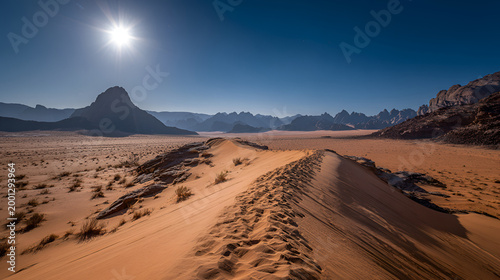 Sunlit Desert Landscape with Majestic Mountains and Vast Sand Dunes.
